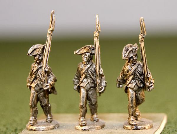 Contnentals n Regmental Coats.  Cocked Hats.  Advancng Shoulder Arms