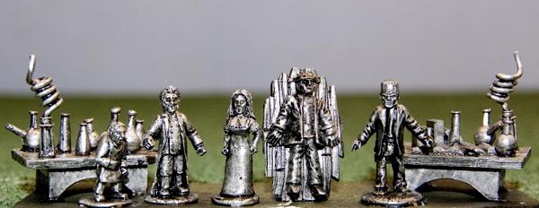 Dr. Frankensten and hs laboratory.  Monster.  and gor